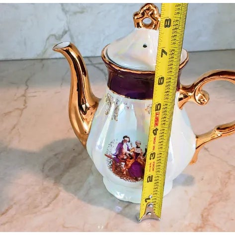 Ceramic 1950s Gna Hand Painted Victorian Courtship Iridescent Fine Porcelain Tea Pot For Sale - Image 7 of 9