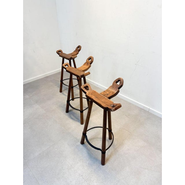 Black Vintage Spanish Brutalist Oak Marbella Stools, Set of 3 For Sale - Image 8 of 8