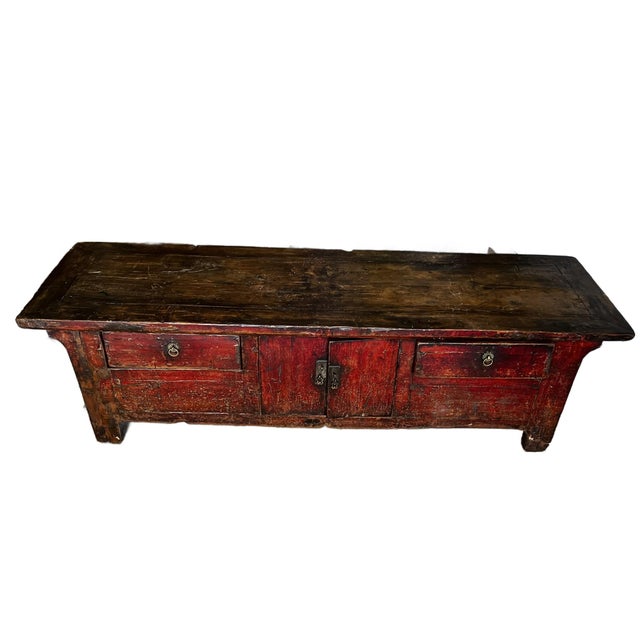 Chinese Chinese Antique Low Kang Cabinet in Traces of Original Patina of Red Lacquer For Sale - Image 3 of 10