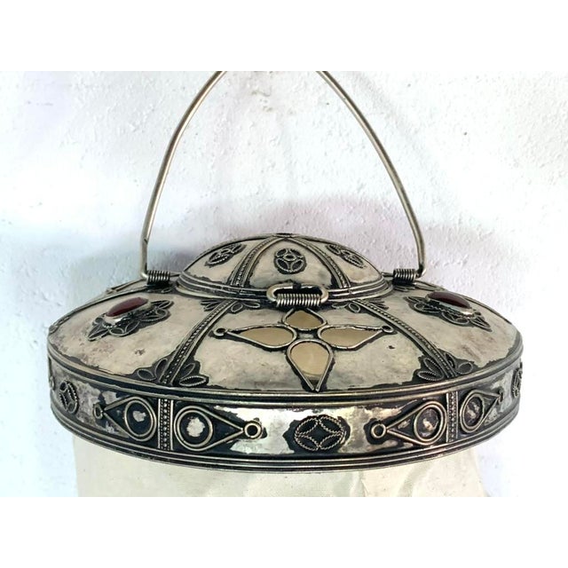 Moroccan Vintage Yemeni Concertina Lantern Tinned Filigree Accordion Hanging Lamp Jeweled For Sale - Image 3 of 17