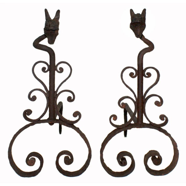 Late 19th Century Antique Folk Art Wrought Iron Andirons - A Pair For Sale - Image 5 of 5