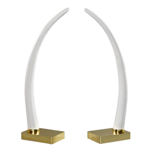 1970's Life Size Faux Ivory Elephant Tusks Mounted on Gold Colored Metal Bases
