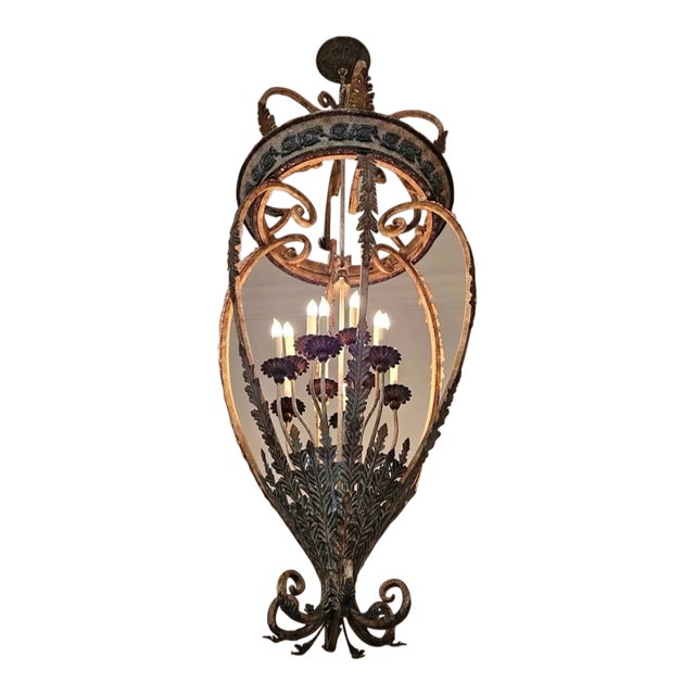 1980s Monumental Spanish Revival Hand-Forged Iron 10-Light Entryway Chandelier For Sale