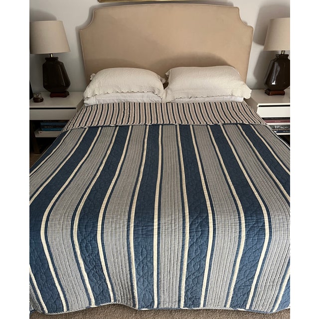 This fabulous French ticking cotton Indigo Blue striped quilt reverses to a Red and Blue stripe. Classic style for the...