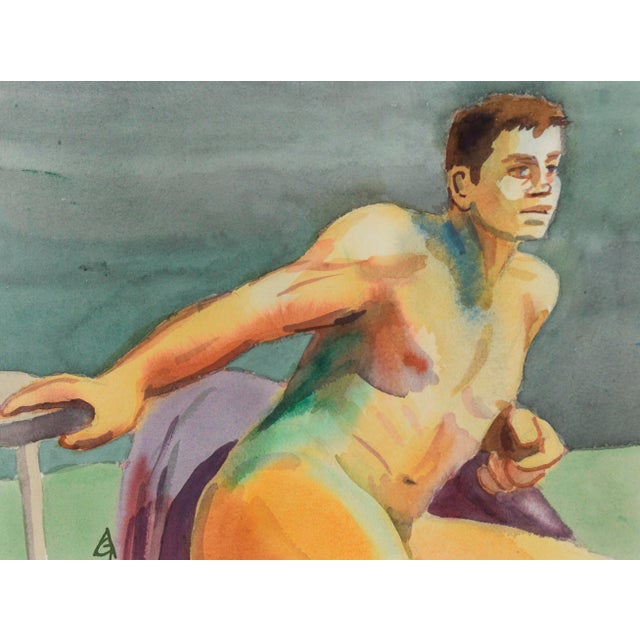 "Zoltan" - 1990 Male Nude Study Watercolor painting depicting a nude male figure. The brunette male figure is posing,...