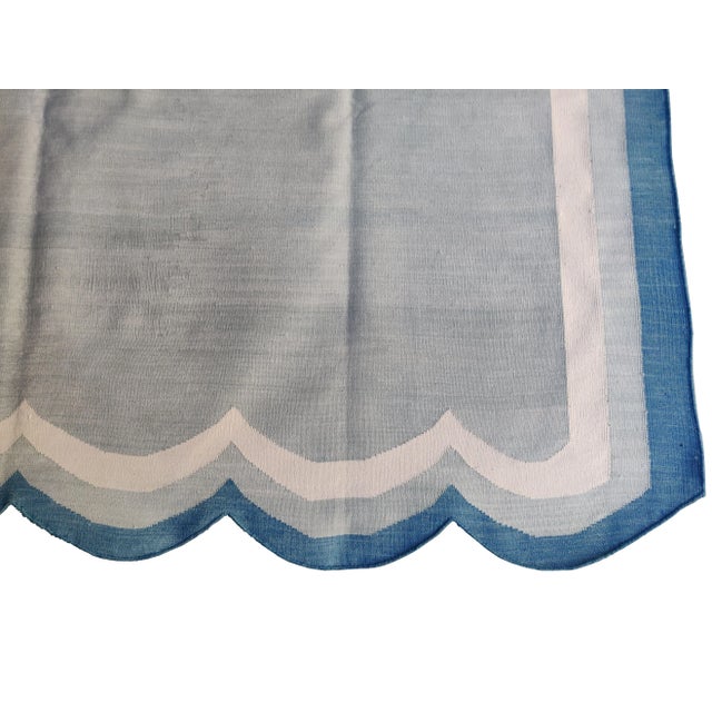 Not Yet Made - Made To Order Handmade Cotton Scalloped Rug, Grey with Cream and Blue Border 8'x10' For Sale - Image 5 of 8