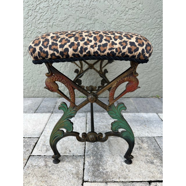 Hollywood Regency Vintage Mid 20th Century Cast Iron Bench With Leopard Print Upholstered Seat For Sale - Image 3 of 12