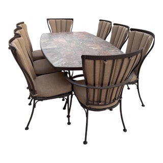 O.W. Lee Monterra Wrought Iron & Stone Top Patio Dining Set, 9 Pieces, Attributed For Sale