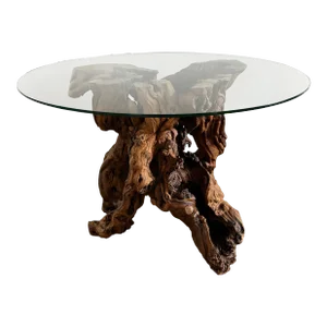 Vintage Burl Root Wood Coffee or Side Table With Glass Top