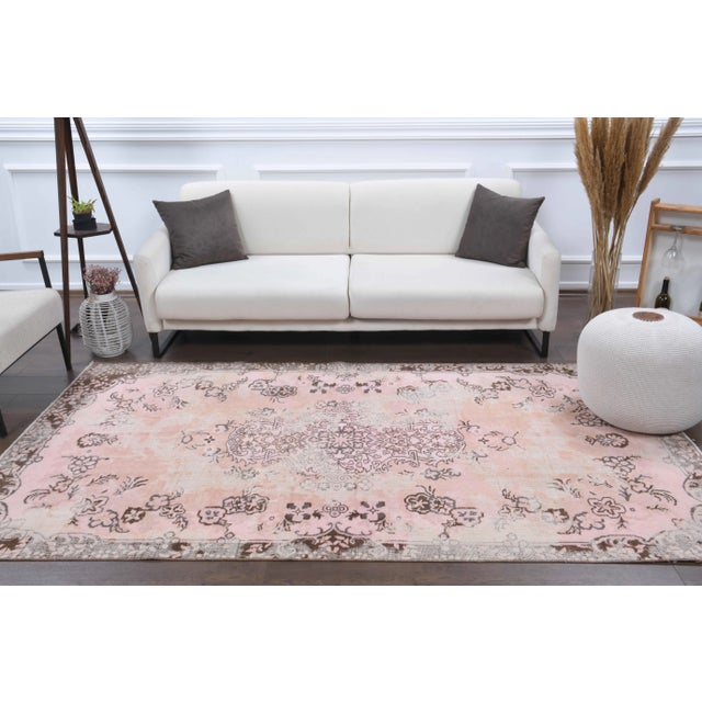 Abstract Vintage Turkish Hand-Knotted Wool Cotton Pink Area Rug For Sale - Image 3 of 11