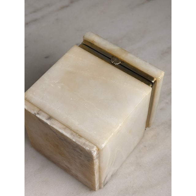 Alabaster Vintage White Stone Alabaster Trinket Box With Brass Shell Clasp, Jewelry Box, Square Stone Hinged Casket, Hollywood Regency Vanity Decor For Sale - Image 8 of 12