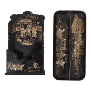 Antique Chinoiserie Japanned Letter Rack and Pen Tray Desk Set For Sale