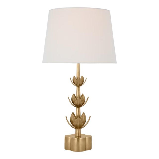 Julie Neill by Visual Comfort Signature Alberto Large Triple Table Lamp in Antique-Burnished Brass with Linen Shade For Sale