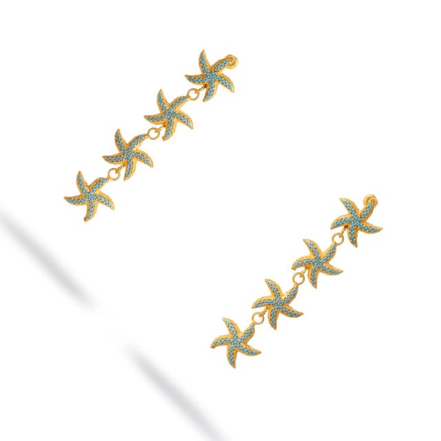 Metal Turquoise Starfish Cascade Gold Dangle Earrings, A Pair For Sale - Image 7 of 9