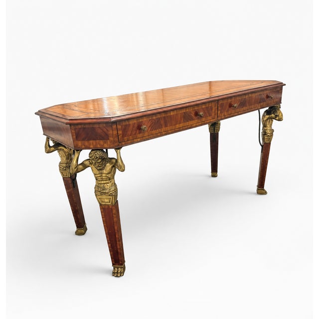 Brown Vintage Maitland-Smith Neoclassical Tooled Leather & Brass Figural Writing Desk For Sale - Image 8 of 15