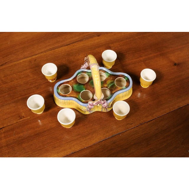 French 19th Century Majolica Porcelain Yellow Glazed Basket with Egg Cups Set- 7 Pieces For Sale - Image 10 of 13