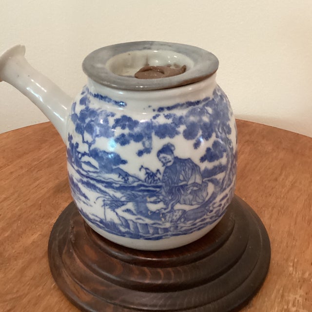 Asian Antique Antique Japanese Kyushu Side-Handle Porcelain Teapot/ Shanshui Scene and Calligraphy Surguch Stamp Wood Base For Sale - Image 3 of 12