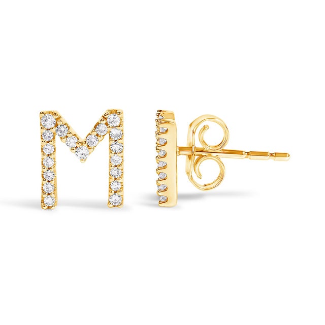 Contemporary 10K Yellow Gold 1/10 Cttw Diamond 'M' Initial Stud Earring For Sale - Image 3 of 5