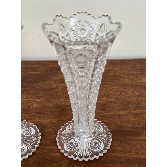 Glass Pair of Vintage Clear Glass Trumpet Vases, Daisy & Button Pattern, Mid Century Pressed Glass Decor For Sale - Image 7 of 10