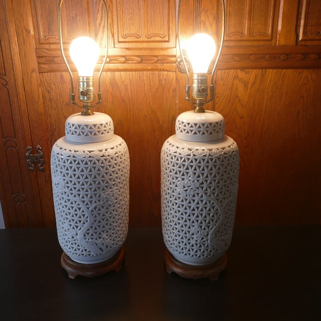 Mid 20th Century Large Chinoiserie Blanc De Chine Table Lamps White Pierced - a Pair For Sale - Image 4 of 14