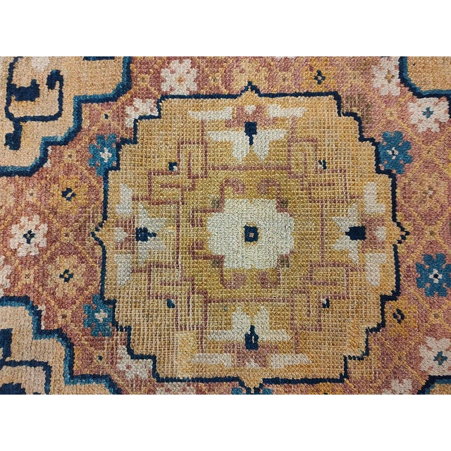Textile 1820s Small Square Antique Medallion Chinese Ningxia Yellow Scatter Rug For Sale - Image 7 of 7