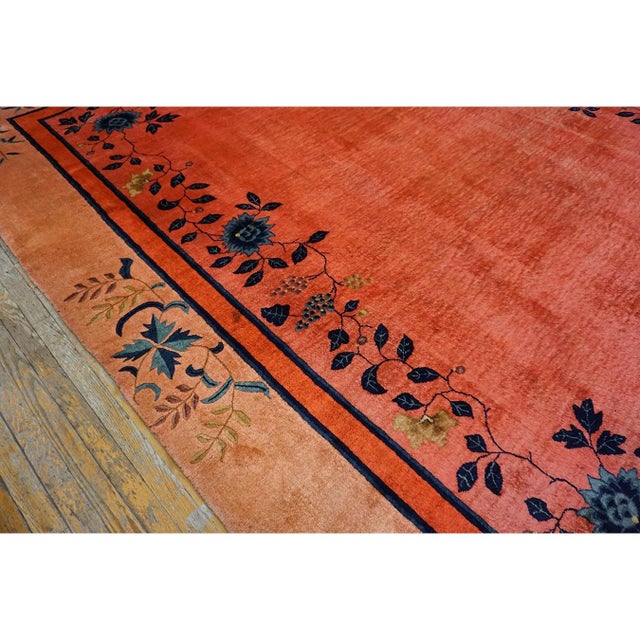 Art Deco 1920s Coral Open Field Antique Chinese Art Deco Square Knotted Pile Floral Rug For Sale - Image 3 of 10