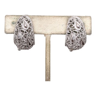 Vintage 1960s Signed Crown Trifari Rhodium Plated Filigree Half Hoop Clip Earrings-2 Pieces For Sale