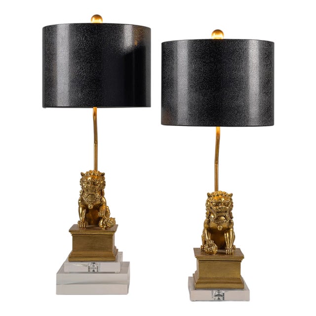 Dynasty Foo Dog Gold Accent Lamps, Set of 2 For Sale