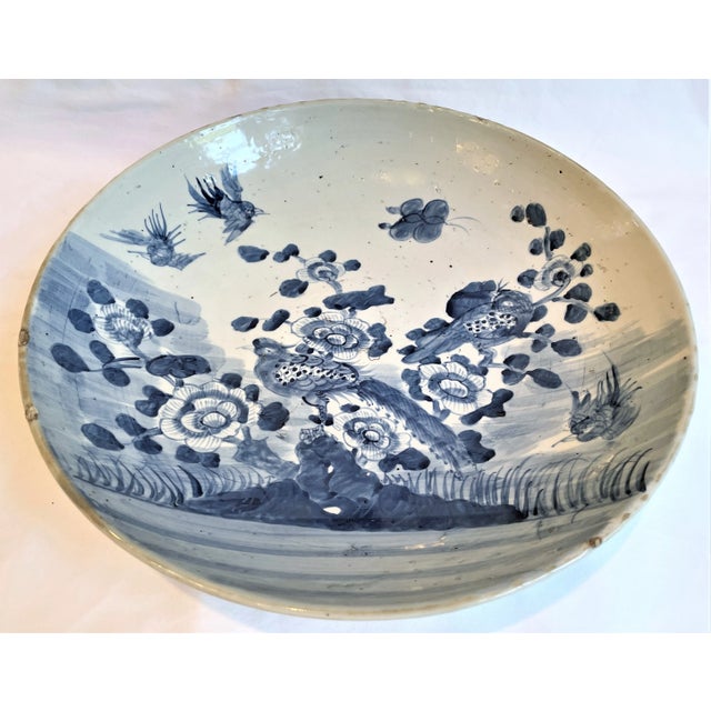 Contemporary Chinoiserie Pheasant Blue & White Large Round Platter For Sale - Image 11 of 12