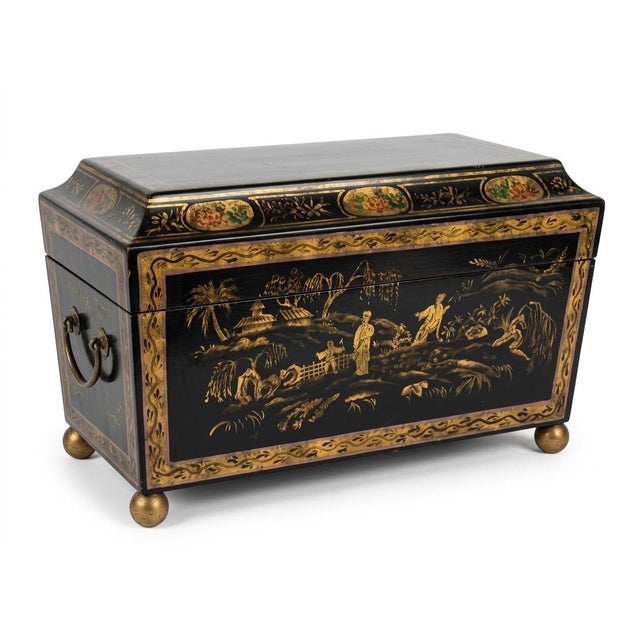 Fine reproduction regency style chinoiserie tea caddy probably by Maitland Smith or Theodore Alexander. Highly decorative...