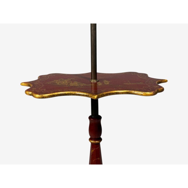 Wood Mid 20th Century Chinoiserie, Red Japanned Floor Lamp, Wood, Brass For Sale - Image 7 of 12