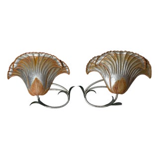 Large Italian Silver Leaf and Metal Flower Wall Sconces, 1970s, Set of 2 For Sale