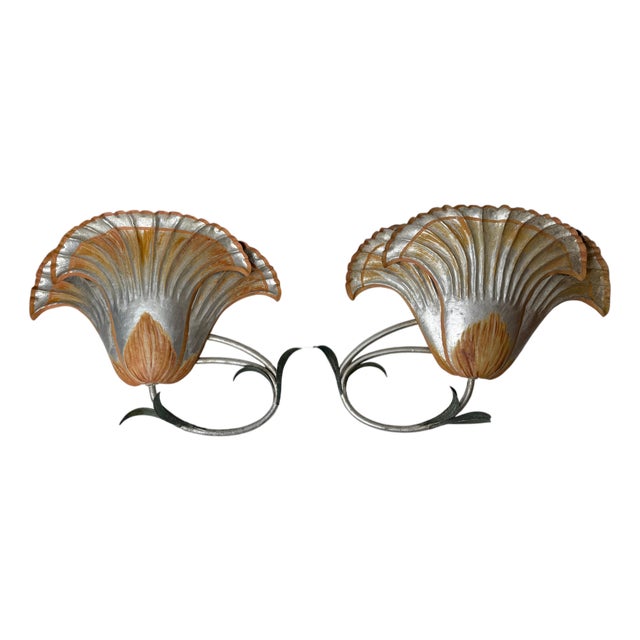 Large Italian Silver Leaf and Metal Flower Wall Sconces, 1970s, Set of 2 For Sale