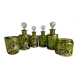 Antique Art Nouveau Enameled Green Glass Vanity Set - 6 Piece Set