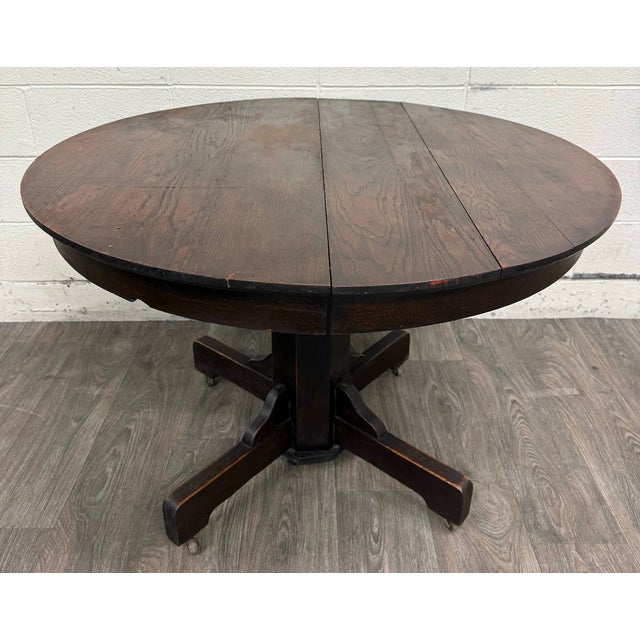 Mission Antique Arts & Crafts Mission Quarter Sawn Oak Pedestal Dining Table For Sale - Image 3 of 16