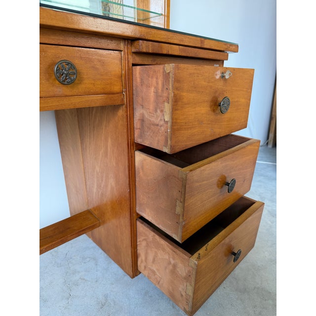 1950’s Mid-Century Modern Solid Wood Desk With Glass Top and Wall Mounted Display Shelf For Sale - Image 4 of 12
