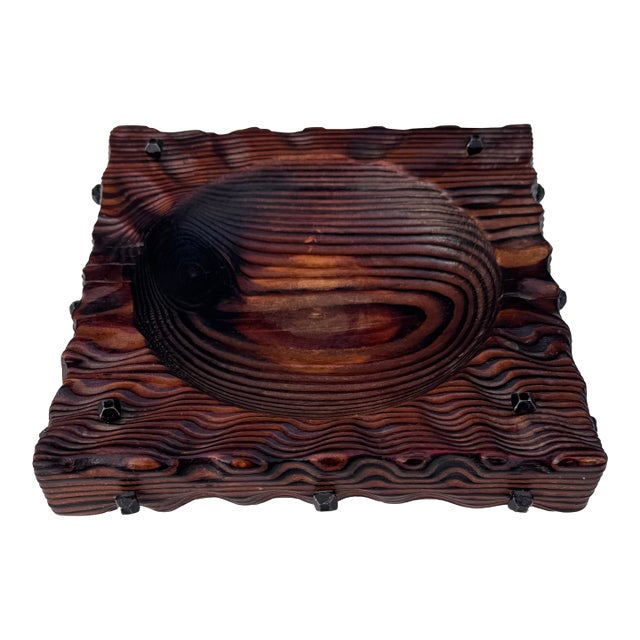 Vintage Hand-Carved Wood Catchall Bowl With Nail Studs, 1970s Spanish Gothic Revival Style For Sale