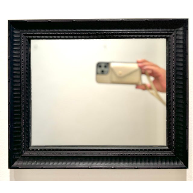 Beautiful vintage ebony wood framed mirror/ lightly antiqued . 12.5 inches by 10.5” inches by 1.5” deep. Can hang vertical...