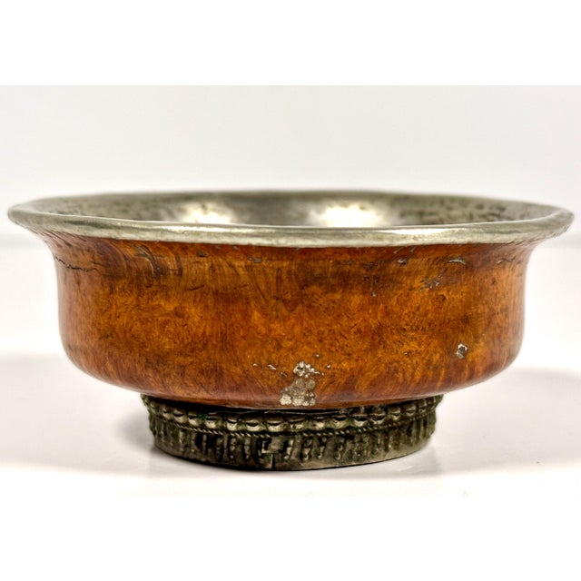 Neoclassical Antique Tibetan Burlwood Tea Bowl with Silver Lining For Sale - Image 3 of 10