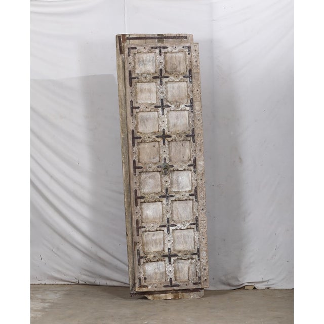 1900 - 1909 Antique Indian Bleached Teakwood and Iron Gujarati Door For Sale - Image 5 of 8