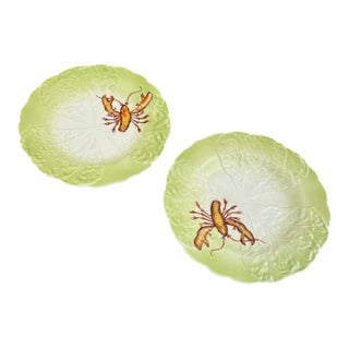 English Majolica Cabbage Plates With Crustaceans- A Pair For Sale