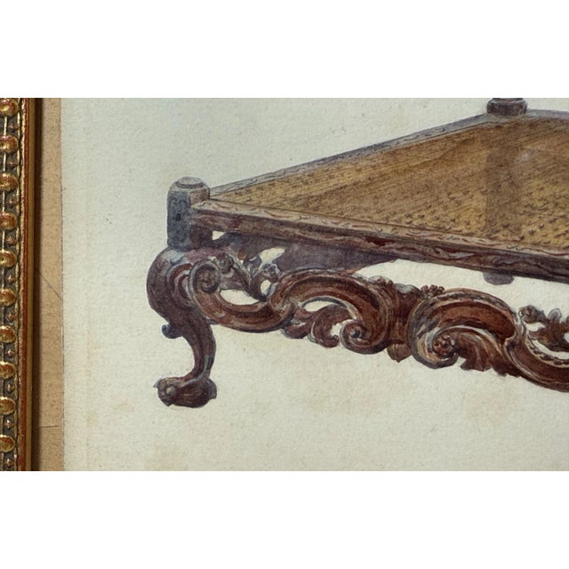 Antique 19th Century Original English Caned Chaise Lounge Watercolor Painting For Sale - Image 10 of 11