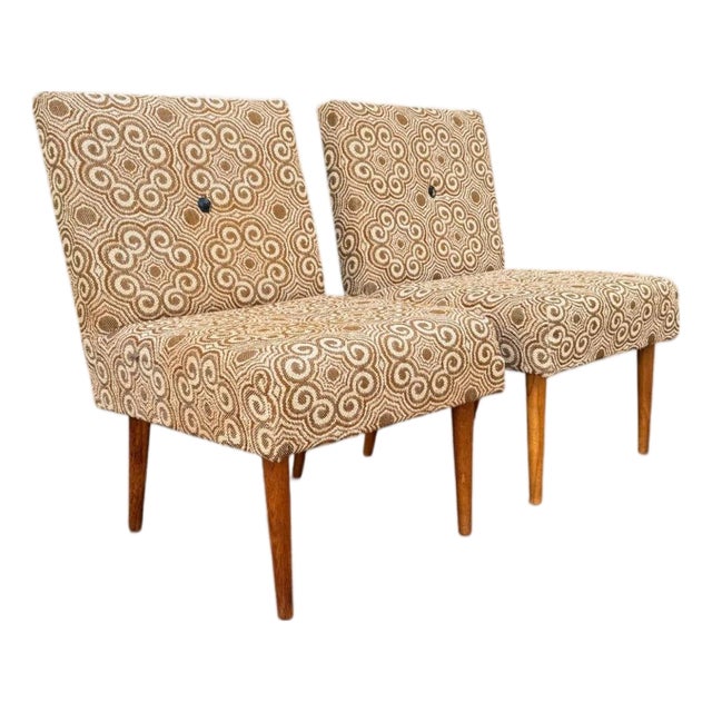 Pair of Hungarian Mid-Century Slipper Chairs by Kocséri MGTSZ | Original Swirl Pattern Fabric | Tapered Legs | 1970s For Sale