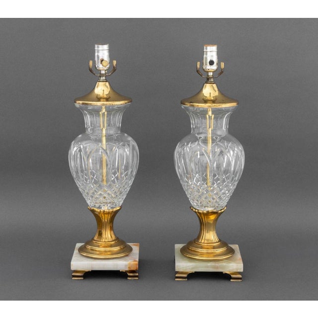 Pair of Waterford Crystal Vases Mounted as Table Lamps, each with brass mounts and square marble base on four brass...