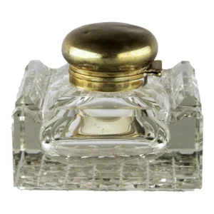 Early 20th Century Art Déco English Square Shapped Cut Crystal Inkwell With Brass/Bronze Spherical Top