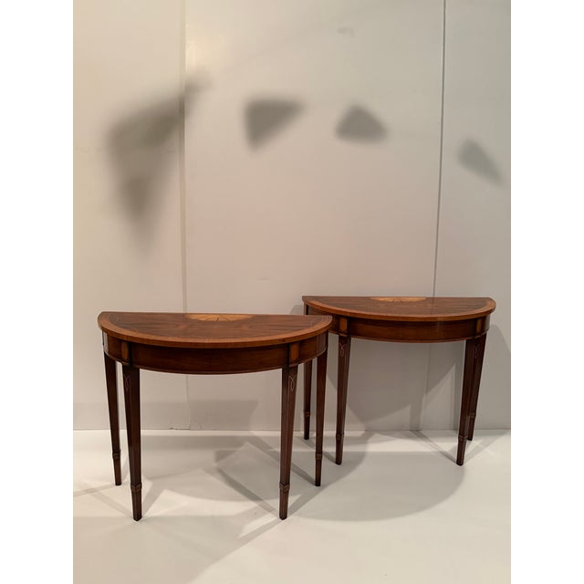 1960s Mahogany & Satinwood Inlaid Demilune Console Tables -a Pair For Sale - Image 5 of 12