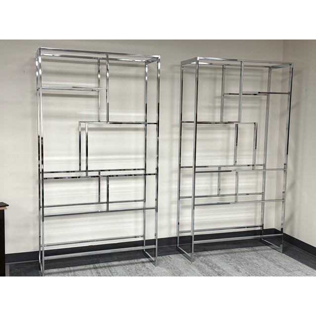 Mid-Century Modern 1970s Mid-Century Chrome & Glass Etagere Milo Baughman Style ~ Set of 2 For Sale - Image 3 of 4