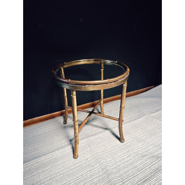 1970s Faux Bamboo Brass + Glass Petite Cocktail Table For Sale In San Francisco - Image 6 of 12