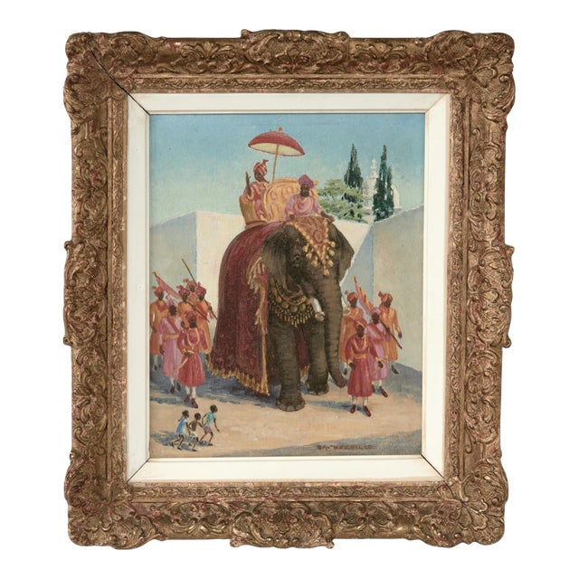 Vintage Anglo Indian Painting of an Elephant Procession by Charles Baskerville For Sale