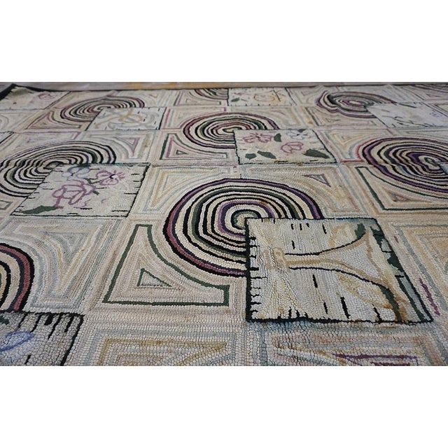 Nice Tan-Beige Background With Prominent Circles Black Geometric Design Antique American Hooked Rug For Sale - Image 4 of 13